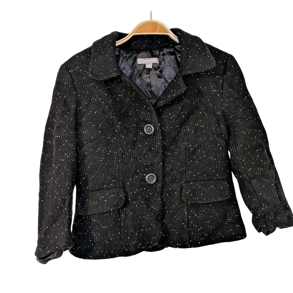 Ann Taylor‎ Blazer Black Speckled Wool Blend Career Jacket Size 4